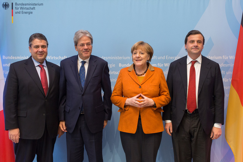 BM Gabriel, MP Gentiloni, BK Merkel, M Calenda; Quelle: BMWi/Espen Eichhöfer