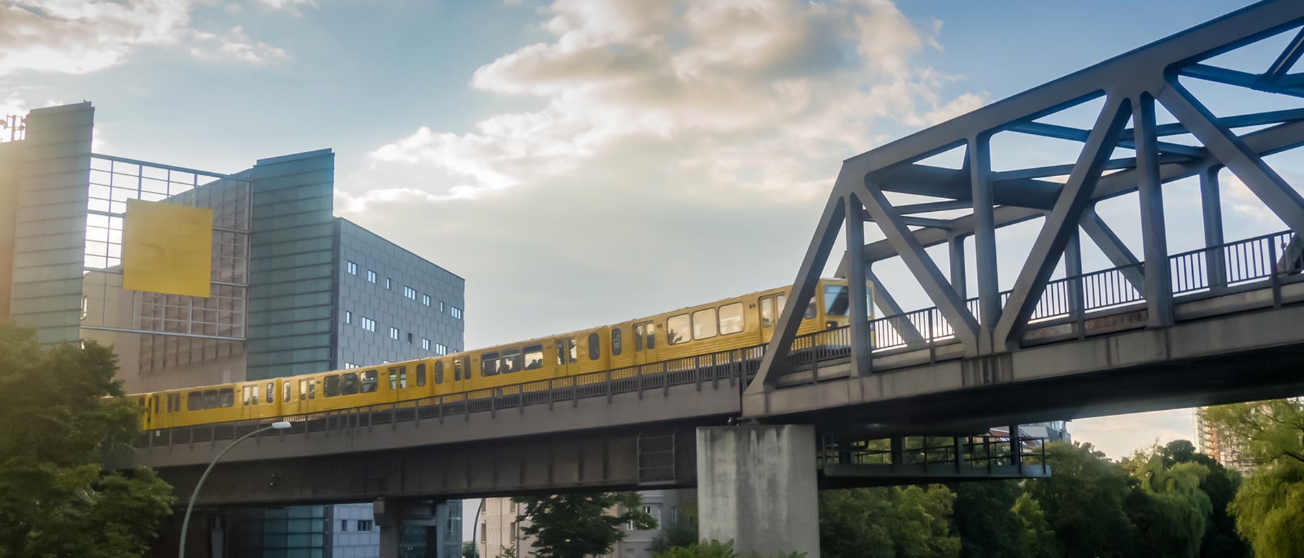 Bahn fährt über eine Brücke durch die Stadt