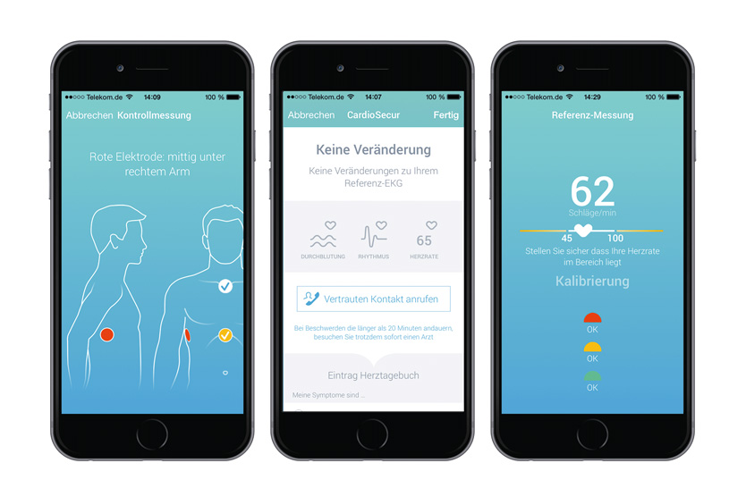 Ansicht von 3 Smartphones mit jeweils einer Sicht der App CardioSecur