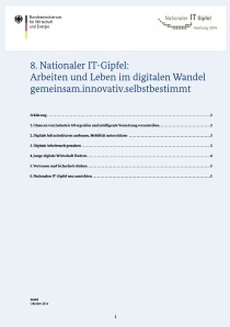 Titelblatt der Publikation: 8. Nationaler IT-Gipfel: Arbeiten und Leben im digitalen Wandel – gemeinsam.innovativ.selbstbestimmt