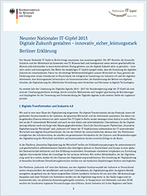 Cover der PublikationNeunter Nationaler IT-Gipfel 2015 Digitale Zukunft gestalten - innovativ_sicher_leistungsstark - Berliner Erklärung