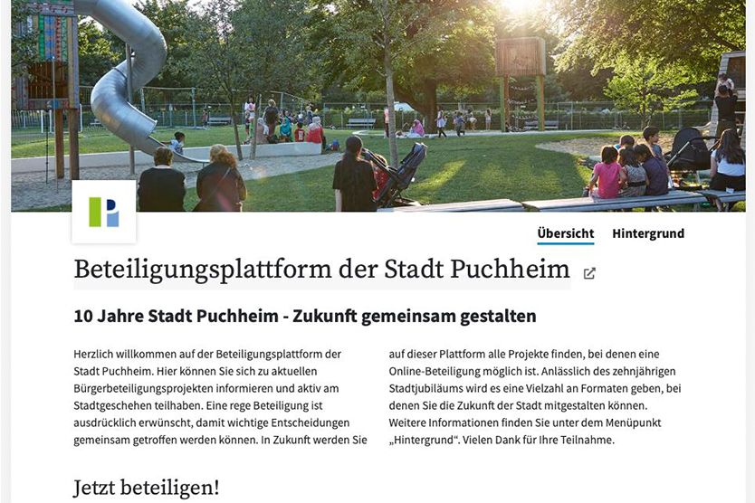 Startseite der Beteiligungsplattform in der Stadt Puchheim