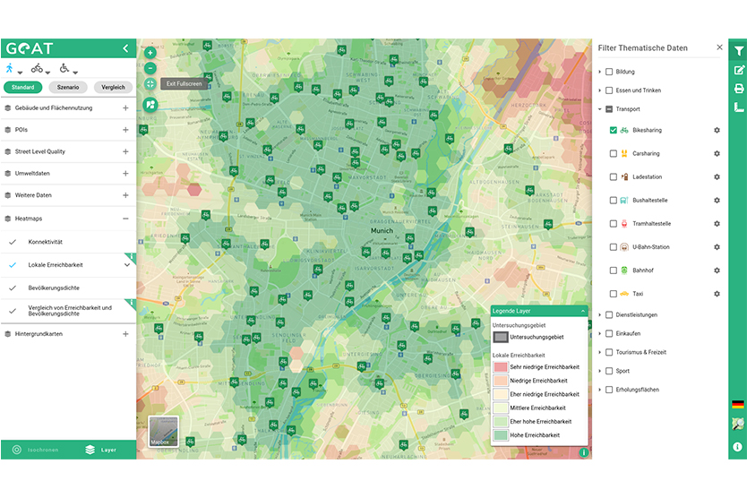 Heatmap zur Erreichbarkeitsanalyse für Bikesharing