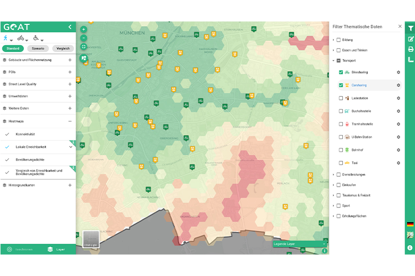 Heatmap zur Erreichbarkeitsanalyse für Car- und Bikesharing