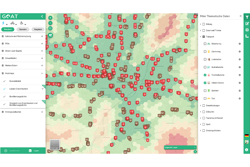 Heatmap zur Erreichbarkeitsanalyse für den öffentlichen Personennahverkehr