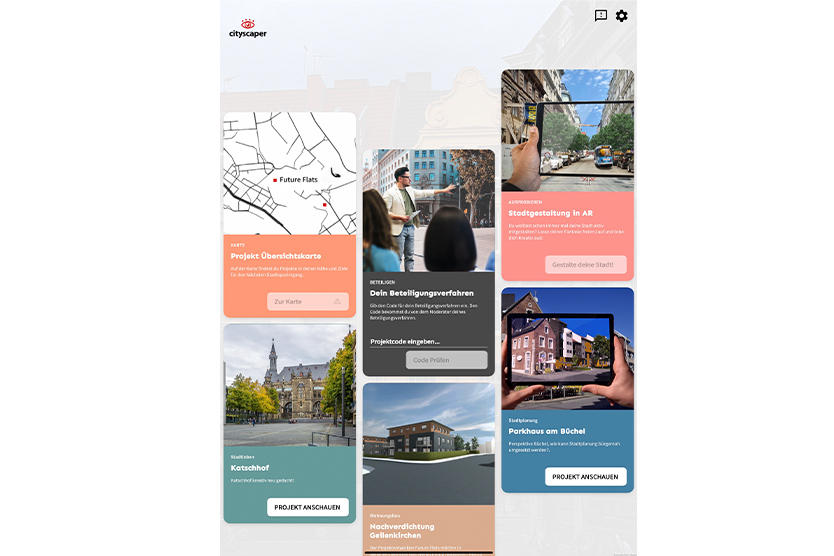 Dashboard der App “cityscaper” zur Auswahl unterschiedlicher Projekte und Zugang zum AR-Ausprobiermodus 