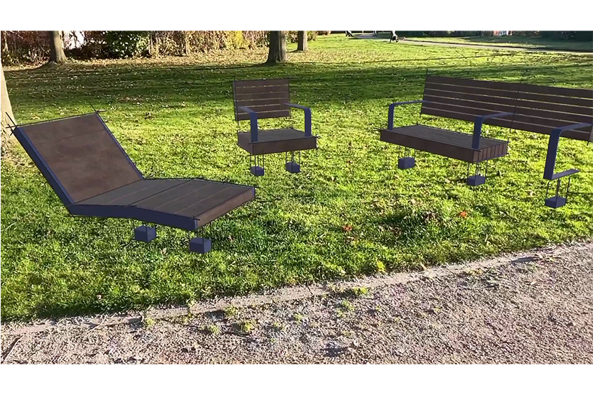 Platzierung beliebiger Objekte zur Veranschaulichung von Sitzgelegenheiten im Park