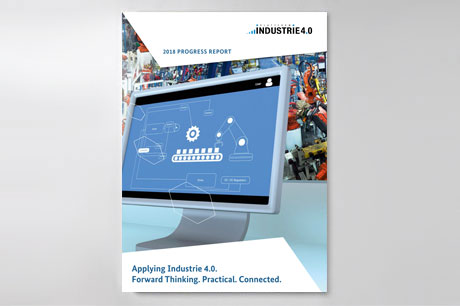 Cover: "Progress Report 2018 – Applying Industrie 4.0. Forward Thinking. Practical. Connected."